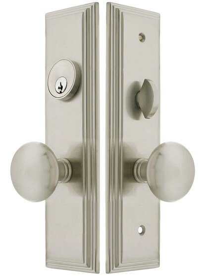 Manhattan F20 Function Mortise Lock Entryset in Satin Nickel with Left Hand Providence Knobs, and Stop/Release Buttons.